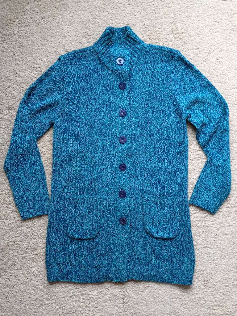 Vtg Anthony Richards Blue Teal Mock Neck Marled Long Cardigan Sweater Sz L NWOT
